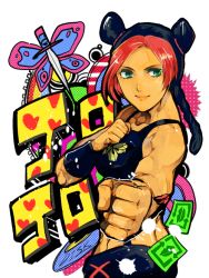 Rule 34 | 1girl, 2f sq, bad id, bad pixiv id, bare shoulders, black hair, braid, bug, butterfly, clenched hand, clenched hands, dagger, double bun, fighting stance, green eyes, insect, jojo no kimyou na bouken, knife, kuujou jolyne, midriff, multicolored hair, pink hair, two-tone hair, weapon