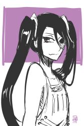 Rule 34 | 1girl, 2017, arrancar, artist request, bare shoulders, black hair, bleach, closed mouth, dated, light smile, loly aivirrne, long bangs, long hair, looking at viewer, one eye covered, purple eyes, shirt, simple background, sleeveless, twintails