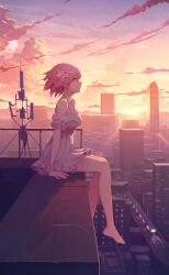 Rule 34 | absurdres, bai ou (crazy ones), bare shoulders, barefoot, breasts, city, cityscape, cloud, crazy ones, dress, from side, highres, medium breasts, official art, pink eyes, pink hair, profile, short hair, sitting, sky, sunlight, sunset, white dress