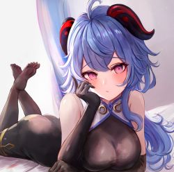 Rule 34 | 1girl, ahoge, blue hair, blush, bodysuit, breasts, cleavage, elbow rest, feet, feet up, ganyu (genshin impact), genshin impact, goat horns, horns, leonmandala, light blue hair, long hair, looking at viewer, lying, medium breasts, on stomach, pink eyes, pout, solo, the pose
