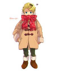 Rule 34 | 1boy, artist name, blonde hair, blue eyes, blush, boots, brown coat, brown footwear, coat, commentary request, covered mouth, duffel coat, earmuffs, full body, fur-trimmed boots, fur trim, green pants, long sleeves, looking at viewer, lucas (mother 3), male focus, mimxxpk, mother (game), mother 3, nintendo, pants, quiff, red scarf, scarf, scarf over mouth, short hair, signature, simple background, sleeves past wrists, solo, standing, twitter username, white background