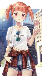 Rule 34 | 1girl, :q, bag, blue shorts, blunt bangs, building, collarbone, commentary, denim, denim shorts, eyewear hang, eyewear hang, unworn eyewear, hair ornament, hairclip, hand fan, hand up, highres, holding, holding fan, isegawa yasutaka, looking at viewer, orange hair, original, outdoors, plaid, red eyes, shirt, short hair, short sleeves, shorts, solo, standing, sunglasses, symbol-only commentary, t-shirt, thighs, tied shirt, tongue, tongue out, torn clothes, torn shorts, twintails, v-shaped eyebrows, white shirt