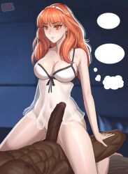 Rule 34 | 1girl, bare legs, bottomless, breasts, caustic crayon, celica (fire emblem), censored, cheating (relationship), cleavage, cowgirl position, dark-skinned male, dark skin, earrings, fire emblem, fire emblem echoes: shadows of valentia, imminent penetration, interracial, jewelry, kneeling, large breasts, large penis, legs, long hair, mosaic censoring, netorare, nightgown, nintendo, on bed, orange eyes, orange hair, penis, red eyes, see-through, straddling, third-party edit, tiara, tongue, tongue out