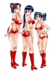 Rule 34 | 3girls, ass, back, bare shoulders, bikini, bikini top only, black eyes, blue hair, blush, boots, breasts, butt crack, cleavage, earrings, covered erect nipples, feet, glasses, highres, jewelry, large breasts, legs, looking at viewer, mine (artist), multiple girls, navel, ponytail, purple hair, short shorts, shorts, sideboob, simple background, small breasts, smile, standing, swimsuit, thighs, twintails, white background