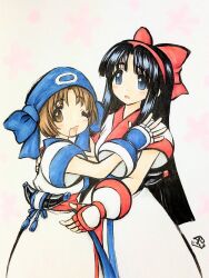 2girls ainu_clothes black_hair blue_eyes breasts brown_hair gloves hair_ribbon highres hug legs long_hair looking_at_viewer medium_breasts multiple_girls nakoruru one_eye_closed open_mouth pants ribbon rimururu samurai_spirits short_hair siblings sisters smile snk thighs tongue traditional_media weapon wink