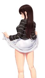 Rule 34 | 1girl, akagi (kancolle), ass, black shirt, blush, breasts, brown eyes, brown hair, closed mouth, contemporary, highres, kantai collection, large breasts, long hair, long sleeves, looking back, pencil skirt, shirt, simple background, skirt, skirt hold, solo, straight hair, striped clothes, striped shirt, thighs, wa (genryusui), white background, white skirt