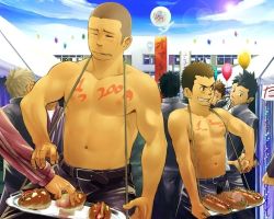Rule 34 | 6+boys, bodypaint, censored, festival, hot dog, itto (mentaiko), male focus, manly, mosaic censoring, multiple boys, muscular, nipples, open fly, penis, penis hot dog, penis pinch, pubic hair, topless male, unzipped