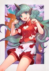 Rule 34 | 1girl, :d, bad id, bad twitter id, blue eyes, blue hair, cherry blossoms, collared shirt, cowboy shot, horns, komano aunn, long hair, looking at viewer, open mouth, outside border, red shirt, shirt, short sleeves, shorts, single horn, smile, solo, torii, touhou