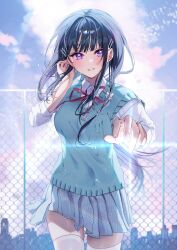 Rule 34 | 1girl, black hair, blue eyes, blue skirt, blush, bow, chain-link fence, check copyright, chigusa minori, collared shirt, copyright request, fence, hair bow, hair ornament, hand up, highres, long hair, long sleeves, original, outdoors, parted lips, pleated skirt, shirt, skirt, smile, sweater vest, thighhighs, thighs, white bow, white shirt, white thighhighs