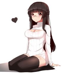 Rule 34 | 1girl, absurdres, bad id, bad pixiv id, black hair, black thighhighs, breasts, chou shippai-saku, cleavage, cleavage cutout, clothing cutout, glasses, heart, highres, long hair, medium breasts, meme attire, no shoes, open-chest sweater, original, red eyes, ribbed sweater, seiza, simple background, sitting, solo, sweater, syouko, thighhighs, turtleneck, white background