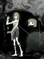 Rule 34 | 1girl, a.i. voice, abstract background, adachi rei, alternate costume, alternate eye color, alternate hairstyle, arm wrap, bare shoulders, barefoot, black background, black eyes, black shorts, blunt bangs, blunt ends, body markings, chest sarashi, chibi, chibi inset, closed mouth, commentary request, expressionless, fish, hair ribbon, hand up, heel up, highres, hijou botan, holding mace, horns, huge weapon, mace, medium hair, multiple views, official alternate costume, over shoulder, ribbon, sarashi, shorts, single horn, spiked mace, spikes, standing, utau, weapon, weapon over shoulder, white ribbon