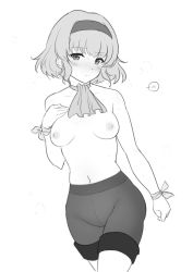 Rule 34 | 1girl, blush, breasts, closed mouth, collarbone, female focus, greyscale, hair ornament, hairband, heart, kiikii (kitsukedokoro), looking at viewer, medium breasts, monochrome, natalia luzu kimlasca lanvaldear, navel, nipples, pussy juice, short hair, solo, standing, steam, tales of (series), tales of the abyss, topless, upper body