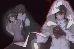 Rule 34 | 1boy, 1girl, bible (object), black hair, black jacket, black vest, blood, blood on clothes, blood on face, book, breasts, brown hair, capelet, chinese commentary, closed eyes, collared shirt, commentary request, dress, hair between eyes, highres, holding, holding book, holding lantern, holding lighter, jabuchi you, jacket, lantern, lighter, long sleeves, longjingjie524, necktie, open mouth, parted lips, purple dress, red eyes, red necktie, saibou shinkyoku, shirt, short hair, short sleeves, small breasts, smile, vest, white capelet, white shirt, yanagi nina