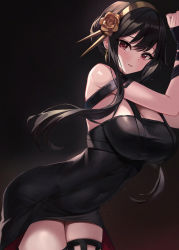 Rule 34 | 1girl, bent over, black dress, black gloves, black hair, black thighhighs, blush, bound, bound wrists, breasts, cleavage, closed mouth, covered navel, dark background, docozi, dress, earrings, floating hair, flower, gloves, gold earrings, gold hairband, hair flower, hair ornament, hairband, highres, jewelry, large breasts, long hair, looking at viewer, red eyes, rose, sidelocks, solo, spikes, spy x family, thighhighs, tight clothes, tight dress, two-sided dress, two-sided fabric, yor briar, zettai ryouiki