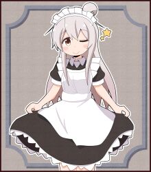 Rule 34 | 1girl, ;), absurdres, ahoge, border, brown eyes, commentary request, cowboy shot, film grain, framed, goron (phde2424), grey hair, highres, long hair, looking at viewer, maid, maid headdress, one eye closed, onii-chan wa oshimai!, outline, oyama mahiro, puffy short sleeves, puffy sleeves, short hair, short sleeves, simple background, skirt hold, smile, solo, star (symbol), white outline