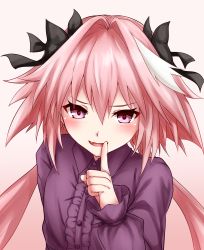 Rule 34 | 1boy, absurdres, astolfo (fate), black bow, blush, bow, center frills, fang, fate/apocrypha, fate (series), finger to mouth, frills, hair between eyes, hair intakes, highres, index finger raised, long hair, long sleeves, looking at viewer, low twintails, male focus, multicolored hair, nagishy, open mouth, pink hair, purple eyes, purple shirt, shirt, shushing, skin fang, smile, solo, streaked hair, trap, twintails, white hair