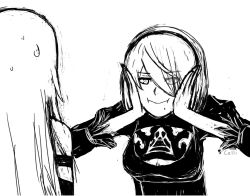 Rule 34 | 10s, breasts, cellix, cleavage, cleavage cutout, clothing cutout, crossover, eyes visible through hair, forced smile, greyscale, hair over one eye, half-closed eyes, hands on own cheeks, hands on own face, ishikawa yui, monochrome, nier (series), nier:automata, simple background, smile, standing, sweatdrop, violet evergarden, violet evergarden (series), voice actor connection, white background, 2b (nier:automata), a2 (nier:automata)