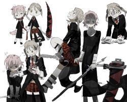 Rule 34 | 1girl, 1other, animal ears, blood, blood on face, blush stickers, collar, crona (soul eater), eye contact, gloves, green eyes, grin, highres, holding, holding weapon, leash, long sleeves, looking at another, ma fu, maka albarn, multiple views, necktie, open mouth, pink hair, red necktie, red skirt, short hair, skirt, smile, soul eater, tail, weapon, white background, white gloves