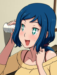 Rule 34 | + +, 10s, 1girl, :d, blue hair, blush, close-up, collarbone, eavesdropping, fig sign, glass, green eyes, gundam, gundam build fighters, halterneck, happy, highres, indoors, iori rinko, jewelry, long hair, open mouth, ponytail, ring, smile, solo, sparkling eyes, sweater, symbol-shaped pupils, wedding band, yuki (12cut)