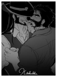 Rule 34 | 2boys, bara, beard, collared shirt, couple, cowboy hat, cup, facial hair, from side, graves (league of legends), greyscale, hair slicked back, hat, hat over eyes, karipaku, league of legends, long hair, male focus, mature male, monochrome, multiple boys, mustache, shirt, short hair, sketch, smile, thick eyebrows, twisted fate, yaoi