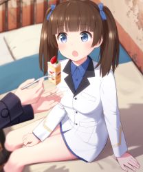 Rule 34 | 10s, 2girls, arm support, black socks, blue eyes, blunt bangs, blush, brave witches, brown hair, cake, commentary request, feeding, food, fork, from above, fruit, georgette lemare, goribote, hair ribbon, kneehighs, long hair, long sleeves, looking at another, military, military uniform, multiple girls, open mouth, ribbon, shimohara sadako, sitting, socks, solo focus, strawberry, strike witches, thighs, twintails, uniform, world witches series