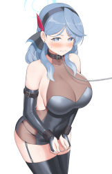 Rule 34 | 1girl, ako (blue archive), bad id, bad pixiv id, bare shoulders, bdsm, belt collar, black collar, black gloves, black hairband, black leotard, black thighhighs, blue archive, blue eyes, blue hair, blush, bondage, bound, bound wrists, breasts, bridal gauntlets, chain, chain leash, cleavage, collar, collarbone, commentary, earrings, garter straps, gloves, haeil2, hairband, halo, highres, jewelry, large breasts, leash, legs together, leotard, long hair, looking at viewer, see-through, simple background, slave, solo, standing, thighhighs, white background