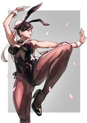 Rule 34 | 1girl, absurdres, alternate costume, animal ears, ap cammy, arm up, bare shoulders, black bow, black bowtie, black footwear, black leotard, black pantyhose, bow, bowtie, breasts, brown eyes, brown hair, capcom, cherry blossoms, chun-li, cleavage, detached collar, fake animal ears, fighting stance, foot out of frame, grey background, high heels, highleg, highleg leotard, highres, large breasts, leotard, outstretched arm, pantyhose, petals, playboy bunny, rabbit ears, solo, standing, standing on one leg, strapless, strapless leotard, street fighter, street fighter ii (series)