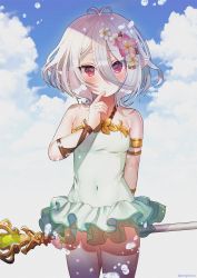 Rule 34 | 1girl, antenna hair, arm behind back, armlet, artist name, bare shoulders, blue sky, blush, breasts, closed mouth, cloud, commentary request, covered navel, day, eyes visible through hair, finger to mouth, flower, frilled swimsuit, frills, hair between eyes, hair flower, hair ornament, hanato (seonoaiko), hand up, highres, holding, holding staff, kokkoro (princess connect!), kokkoro (summer) (princess connect!), looking at viewer, navel, outdoors, pointy ears, princess connect!, red eyes, short hair, sky, small breasts, solo, staff, standing, swimsuit, tsurime, water drop, white hair