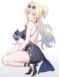 Rule 34 | 1girl, absurdres, ass, backless dress, backless outfit, black footwear, blonde hair, blue eyes, blue hair, breasts, commentary, criss-cross back-straps, dress, english commentary, eyewear on head, full body, gradient background, grey background, grin, high heels, highres, honkai (series), honkai impact 3rd, large breasts, long hair, looking at viewer, looking to the side, lysh, multicolored hair, shoes, simple background, smile, solo, songque (honkai impact), squatting, streaked hair, sunglasses, tassel, two-tone hair, two side up, white background