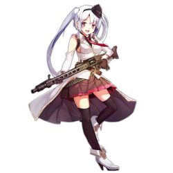 Rule 34 | 1girl, :d, ammunition belt, breasts, full body, general-purpose machine gun, girls&#039; frontline, gloves, gun, hat, high heels, holding, holding weapon, long hair, looking at viewer, machine gun, mg42 (girls&#039; frontline), mg 42, necktie, official art, open mouth, pleated skirt, purple eyes, sideboob, skirt, smile, solo, spirtie, thighhighs, transparent background, twintails, weapon, white hair
