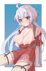 Rule 34 | 1girl, ahoge, bare shoulders, blush, breasts, breasts out, clothes pull, collarbone, doka yuki (tsumorisugi), dress, dress pull, highres, large breasts, long hair, looking at viewer, low twintails, nipples, purple eyes, red dress, senki zesshou symphogear, sitting, solo, thighhighs, thighs, twintails, white hair, white thighhighs, yukine chris