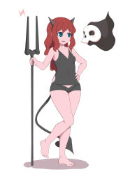 Rule 34 | 1girl, absurdres, bare arms, bare legs, bare shoulders, barefoot, black shirt, black shorts, breasts, cleavage, collarbone, covered navel, demon girl, demon tail, full body, green eyes, highres, holding, horns, lightning bolt symbol, long hair, looking at another, mask, original, parted lips, polearm, red hair, shirt, short shorts, shorts, skin tight, skull mask, sleeveless, small breasts, solo, spirit, standing, standing on one leg, surio, tail, teeth, trident, upper teeth only, weapon