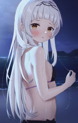Rule 34 | 1girl, absurdres, bare shoulders, beach, bikini, blunt bangs, blush, breasts, hairband, highres, hololive, long hair, looking at viewer, midriff, murasaki shion, night, parted lips, small breasts, solo, swimsuit, upper body, virtual youtuber, water, wet, white hair, yamamoto (ymmt is sexy), yellow eyes