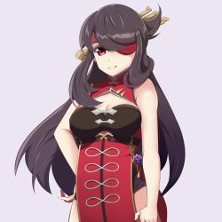 Rule 34 | 1girl, absurdres, armpits, beidou (genshin impact), black hair, breasts, china dress, chinese clothes, cleavage, dress, eyepatch, genshin impact, hair ornament, hand on own hip, highres, long hair, pirate, colored eyepatch, red eyes