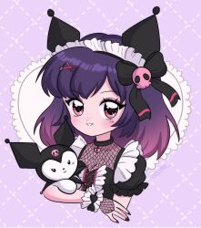 Rule 34 | 1990s (style), 1girl, black bow, black dress, black nails, blush, bow, breasts, broken heart, character doll, chellyko, choker, collar, dress, eyeshadow, gothic lolita, grin, hair bow, hair ornament, heart, heart choker, highres, kuromi, lolita fashion, looking at viewer, maid headdress, makeup, onegai my melody, personification, pink eyes, puffy sleeves, purple background, purple hair, retro artstyle, sanrio, short hair, short sleeves, skull, skull hair ornament, small breasts, smile, spiked collar, spikes, standing, stuffed animal, stuffed toy, teeth, upper body, wrist cuffs, x hair ornament