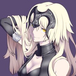 Rule 34 | 1girl, blonde hair, breasts, cleavage, fate/grand order, fate (series), fur trim, hand in own hair, headpiece, highres, jeanne d&#039;arc (fate), jeanne d&#039;arc alter (avenger) (fate), jeanne d&#039;arc alter (avenger) (third ascension) (fate), jeanne d&#039;arc alter (fate), long hair, purple background, ruler (fate/grand order), sera (hitsuji to kitsune), smile, solo, yellow eyes
