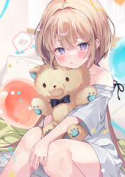 Rule 34 | 1girl, bare shoulders, black bow, black bowtie, blush, bow, bowtie, brown hair, collarbone, commentary request, ebihara beniko, feet out of frame, grey shirt, hair between eyes, highres, knees together feet apart, knees up, long hair, looking at viewer, hugging object, off shoulder, original, parted lips, purple eyes, shirt, short sleeves, sitting, solo, spoken blush, stuffed animal, stuffed toy, teddy bear, v arms, very long hair