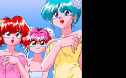 Rule 34 | 1990s (style), 3girls, blue background, blue eyes, blue hair, breasts, bun cover, collarbone, double bun, game cg, hair bun, long hair, looking up, medium breasts, multiple girls, naked towel, open mouth, pc98, pink hair, pixel art, ponytail, pp disk, pp disk magazine collection, purple eyes, red eyes, red hair, retro artstyle, short hair, smile, towel