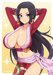 Rule 34 | 1girl, arms behind head, black hair, blue eyes, boa hancock, border, breasts, cleavage, collarbone, cowboy shot, crop top, earrings, jewelry, large breasts, long hair, long sleeves, looking at viewer, midriff, navel, one piece, polka dot, sarong, shiny skin, smile, solo, standing, virus-g, white border, yellow background