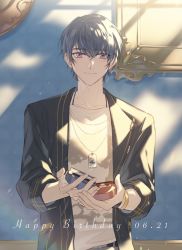 Rule 34 | 1boy, black jacket, closed mouth, dog tags, earrings, happy birthday, highres, holding, jacket, jewelry, koeda (k83 4), long sleeves, looking at viewer, marius von hagen (tears of themis), open clothes, open jacket, purple eyes, purple hair, shirt, short hair, smile, solo, tears of themis, white shirt