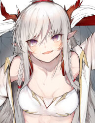 Rule 34 | 1girl, :d, arknights, bandeau, bare shoulders, braid, commentary request, ekuesu, fang, horns, long hair, looking at viewer, midriff, nian (arknights), open mouth, purple eyes, smile, solo, strapless, tube top, twin braids, unfinished, upper body, white hair