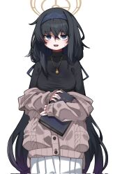 Rule 34 | 1girl, black hair, black undershirt, blue archive, blue hairband, book, brown cardigan, cardigan, crossed bangs, datemegane, hairband, halo, highres, holding, holding book, jewelry, long hair, long sleeves, looking at viewer, necklace, simple background, skirt, smile, solo, ui (blue archive), white background, white skirt
