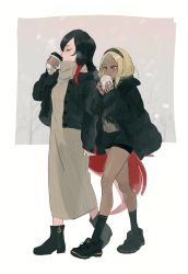 Rule 34 | 2girls, absurdres, black hair, blonde hair, coat, commentary, crow (gravity daze), dark-skinned female, dark skin, gravity daze, hairband, highres, hood, hooded jacket, jacket, kitten (gravity daze), long hair, mossan351, multicolored hair, multiple girls, red eyes, red hair, scarf, simple background, symbol-only commentary, two-tone hair, winter clothes
