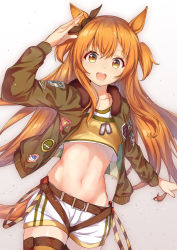 Rule 34 | 1girl, :d, absurdres, belt, brown eyes, brown ribbon, collarbone, cowboy shot, crop top, green jacket, hair ribbon, highres, horse girl, jacket, jewelry, long hair, looking at viewer, mayano top gun (umamusume), midriff, multicolored shirt, navel, necklace, open mouth, orange hair, pizza (pizzania company), ribbon, short shorts, shorts, smile, teeth, thighs, umamusume, upper teeth only