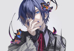 Rule 34 | 1boy, 25-ji kaito, 25-ji nightcord de. (project sekai), blue eyes, blue hair, blue nails, collared shirt, commentary request, dark blue hair, fingernails, flower, frilled sleeves, frills, grey background, hair between eyes, kaito (vocaloid), long sleeves, male focus, neck ribbon, open mouth, poppoman, portrait, project sekai, red ribbon, ribbon, shirt, simple background, solo, teeth, upper teeth only