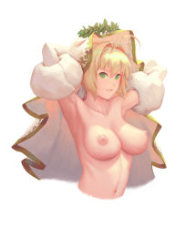 Rule 34 | 1girl, ahoge, armpits, arms behind head, arms up, bigrbear, blonde hair, breasts, bridal veil, collarbone, cropped torso, detached sleeves, fate/grand order, fate (series), green eyes, hair intakes, highres, large breasts, long sleeves, looking at viewer, navel, nero claudius (bride) (fate), nero claudius (bride) (third ascension) (fate), nero claudius (fate), nero claudius (fate) (all), nipples, parted lips, perky breasts, short hair, simple background, smile, solo, veil, white background