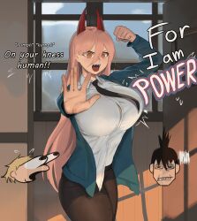 Rule 34 | 1girl, absurdres, black pants, booruguru, bouncing breasts, breasts, chainsaw man, denji (chainsaw man), english text, female focus, highres, horns, huge breasts, necktie, offscreen person, orange eyes, pants, pink hair, power (chainsaw man), red horns, shirt, solo, thick thighs, thighs, white shirt, window
