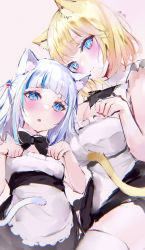 Rule 34 | 2girls, absurdres, alternate costume, animal ears, apron, black bow, black bowtie, blonde hair, blue eyes, blunt bangs, blush, bow, bowtie, cat ears, cat tail, closed mouth, enmaided, gawr gura, grey background, hands up, height difference, highres, hololive, hololive english, looking at viewer, maid, mile (off8mile), multicolored hair, multiple girls, parted lips, paw pose, simple background, streaked hair, tail, thighhighs, two side up, virtual youtuber, watson amelia, white apron, white hair, white legwear