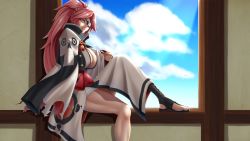 Rule 34 | 1girl, amputee, baiken, breasts, choko (cup), cleavage, cloud, commentary request, cup, day, eyepatch, from side, guilty gear, guilty gear xrd, highres, japanese clothes, kimono, large breasts, long hair, long sleeves, looking at viewer, looking to the side, obi, one-eyed, parted lips, pink hair, ponytail, sash, scar, scar across eye, scar on face, sitting, smile, solo, sunlight, tama (tamakaka1031), very long hair, wide sleeves, yellow eyes