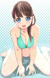 Rule 34 | 1girl, aqua bikini, barefoot, bikini, blue eyes, blush, breasts squeezed together, breasts, brown hair, cleavage, feet, halftone, halftone background, highres, large breasts, legs, long hair, looking at viewer, matsunaga kouyou, navel, open mouth, original, partially submerged, ponytail, sitting, smile, solo, swimsuit, toes